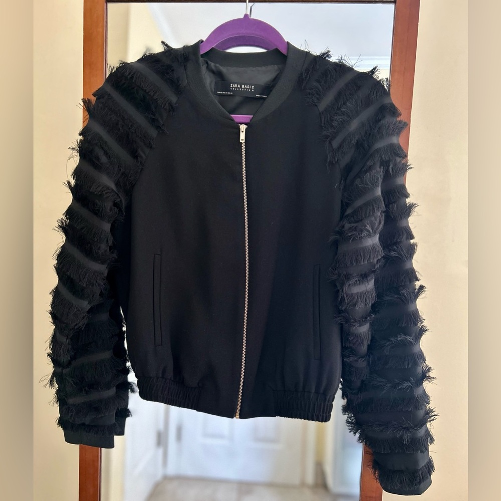 Zara Black Bomber Jacket with Fringe Sleeves